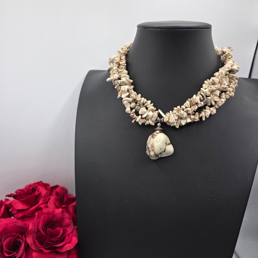 Multi Strand Stone Chip Bead Necklace Cream Brown Toggle Clasp Statement Pendant
